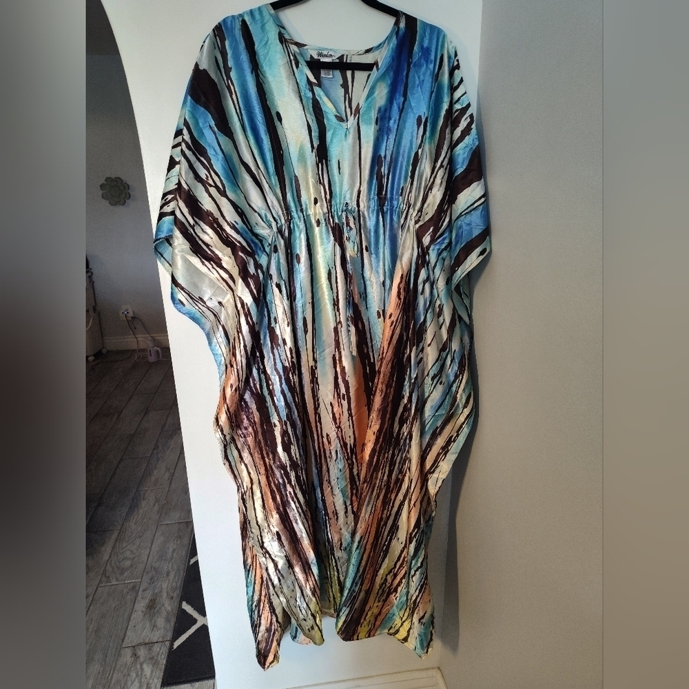 CARESS BLUE WATERFALL MULTI MIX S-4X LOUNGE COVERUP ROBE CAFTAN DRESS KAFTAN#304